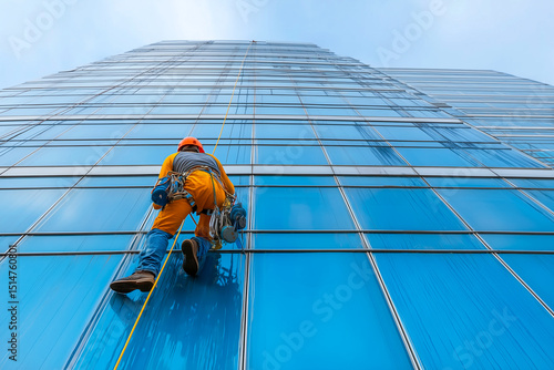 A man in an orange jumpsuit is rappelling down a building