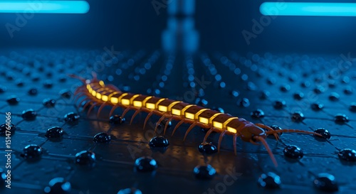 Cybernetic Centipede Crawling on Futuristic Grid: A Digital Insect in a Sci-Fi World