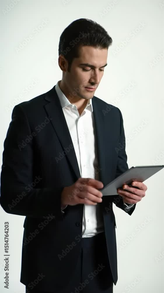 A young adult man in a sharp dark business suit and crisp white shirt stands confidently, intently tapping a digital tablet against a clean, seamless white studio background. Smooth steadicam video A young adult man in a sharp dark business suit and crisp white shirt stands confidently, intently tapping a digital tablet against a clean, seamless white studio background. Smooth steadicam video