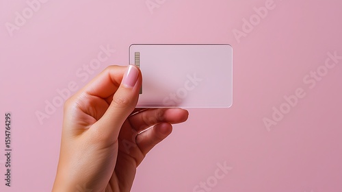 Woman s Hand Holding Blank Frosted Credit Card Pink Background Minimalist Style