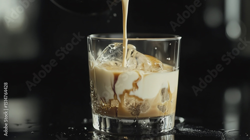 Photo of pouring coffee with milk and ice in a glass on a black table, close-up photo for a white Russian cocktail, black background .