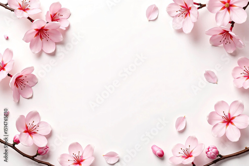 Flatlay of Cherry Blossom Branches and Scattered Petals on Soft Pastel Background, Capturing the Delicate Beauty, Romantic Mood, and Seasonal Elegance of Spring in a Clean and Minimalist
