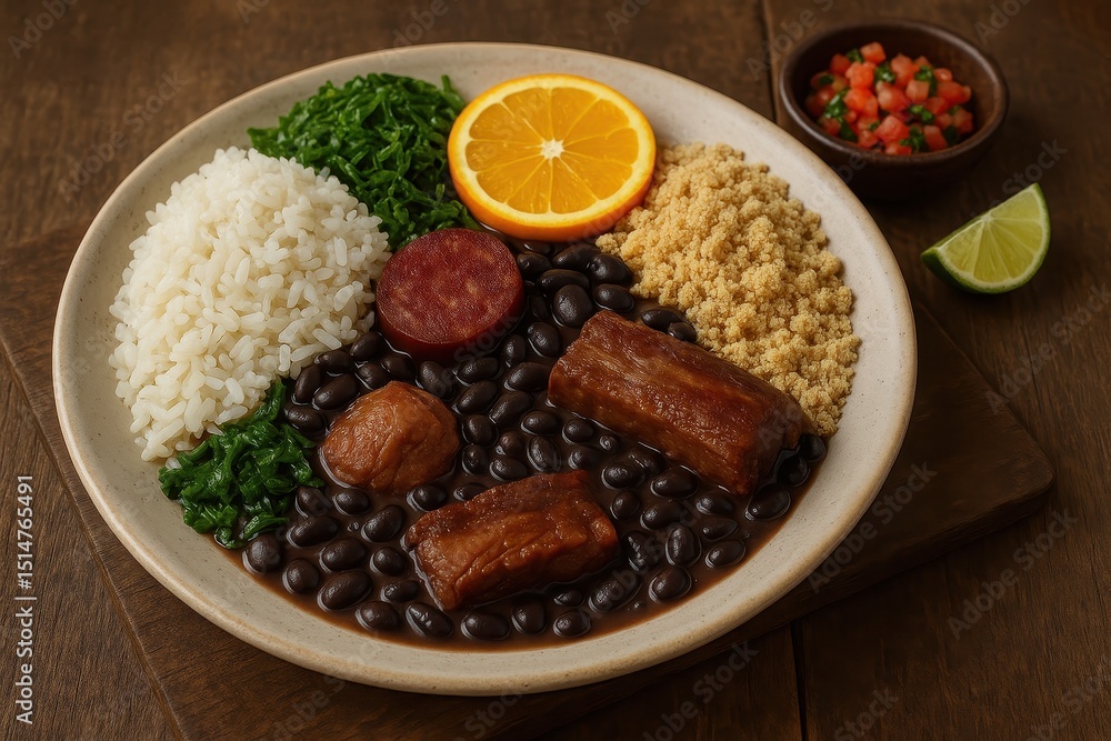 Traditional Brazilian feijoada with rice, black beans, pork, and farofa. AI-generated. Traditional Brazilian feijoada with rice, black beans, pork, and farofa. AI-generated.