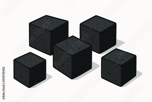 Charcoal cubes vector illustration set. Black carbon briquettes for hookah, shisha, or barbecue. Isometric 3D coal blocks for energy, fuel, or grilling. Abstract geometric shapes design.