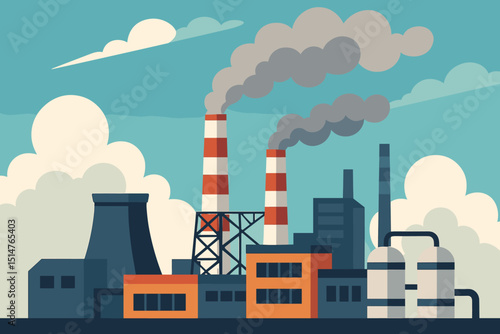 Industrial skyline illustration of a factory with chimneys emitting smoke, representing pollution and energy production. Vector graphic of a power plant, heavy industry manufacturing concept.