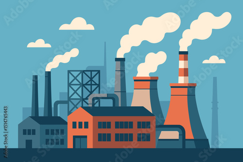 Industrial factory illustration. Power plant with smokestacks, emissions, pollution. Manufacturing, energy production concept. Environmental issues, air quality, industrial landscape vector.