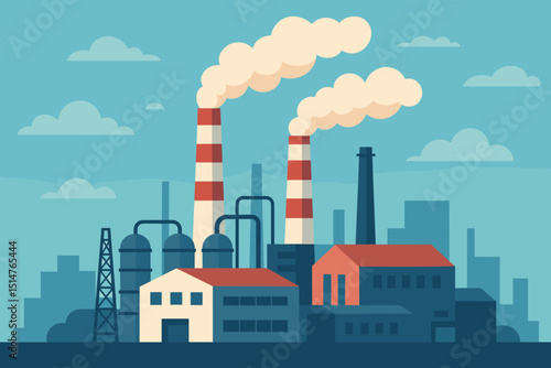 Industrial landscape illustration. Factory buildings with smoking chimneys. Air pollution, environmental contamination concept. Power plant energy production. Manufacturing sector vector graphic.