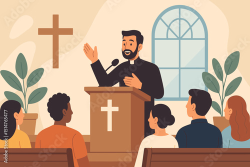 Priest giving sermon in church with congregation listening. Christian religious ceremony concept. Pastor at pulpit speaking to diverse people. Spiritual guidance, faith community vector.