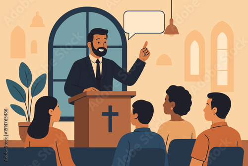 Pastor preaching sermon at pulpit, church service. Christian minister speaking to congregation. Religious community worship. Faith, guidance, spiritual gathering. Speech bubble. Vector art.