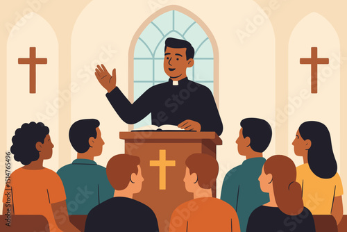 Priest giving sermon at church pulpit with congregation listening. Pastor preaching gospel message to people. Christian religious gathering, worship service, faith community vector illustration.