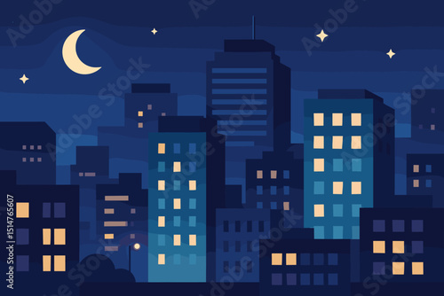 Night cityscape vector illustration. Cartoon urban skyline with moon and stars. Modern city buildings at nighttime. Downtown architecture background. Metropolis scene in flat design style.