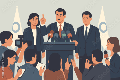 Press conference with politician speaking at podium with microphones. Public announcement, news briefing with journalists and media. Government or election statement illustration. Spokesperson.