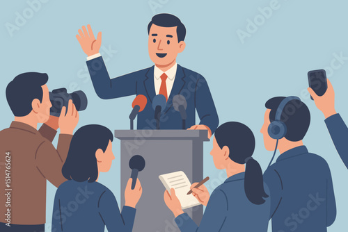 Press conference: speaker at podium, journalists reporting. News briefing, public announcement, media interview. Flat design vector for political corporate communication, public relations.