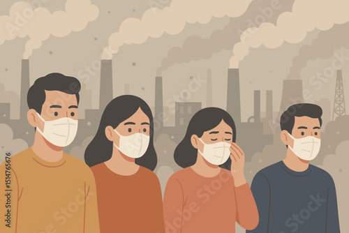 People wearing face masks air pollution industrial smog. Group protection from contaminants, dust, pm2.5. Factory chimneys background. Health safety, environmental disaster concept.