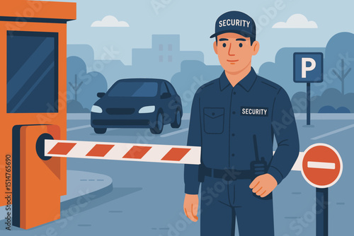 Security guard in uniform at parking lot entrance with barrier. Car waiting for access control. Concept of safety, surveillance, property protection, secure parking. Flat vector illustration.