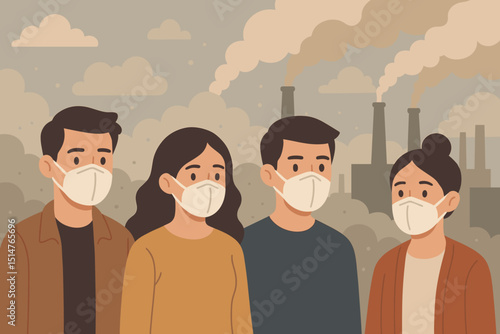 People wearing protective face masks against air pollution from industrial factory chimneys. Vector illustration concept for environmental awareness, health safety, and smog protection.