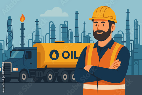 Oil truck driver with tanker at refinery. Fuel delivery service, petroleum industry worker in hard hat and vest. Energy sector, logistics, transportation, gas, diesel, industrial vector.