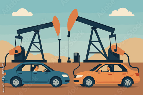 Oil pumpjacks fueling cars directly vector. Fossil fuel dependency, petroleum energy crisis, global consumption. Automotive industry, resource extraction, transportation concept illustration.
