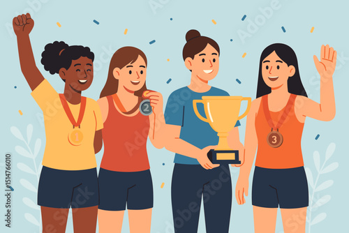 Celebrating female athletes. Diverse group of women winners with gold, silver, bronze medals and trophy. Victory, achievement, sports competition, success, empowerment illustration.