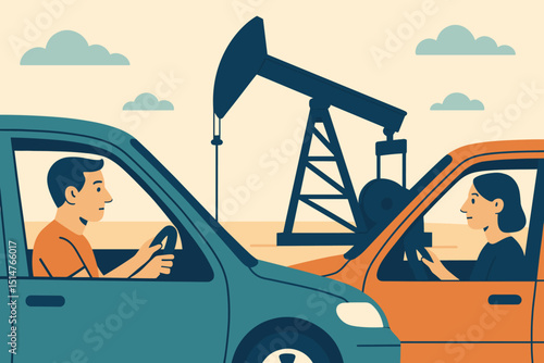 Fossil fuel dependency illustrated with cars at oil pump. Energy crisis, petroleum industry, and transportation impact. Crude oil extraction, gasoline vehicles, and global reliance concept.