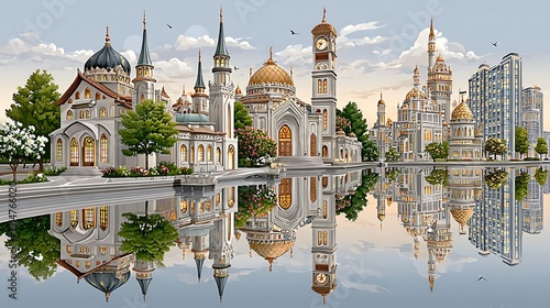 Cityscape with boats, reflection, domes, and skyscrapers in harmony high Wallpaper