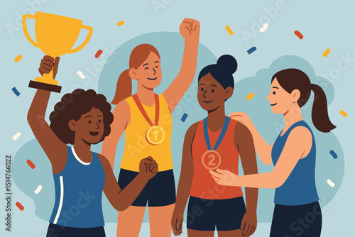 Diverse female athletes celebrating victory on podium with gold trophy and medals. Women in sports, teamwork, success, achievement, and competition. Flat vector illustration concept.
