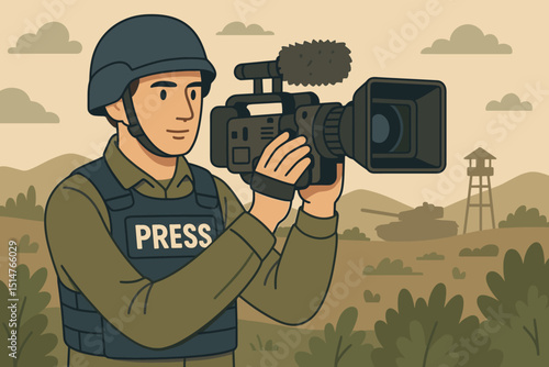 Military journalist, war correspondent with professional video camera filming in conflict zone. Press operator, news reporter documenting events. Media coverage in combat area. Truth