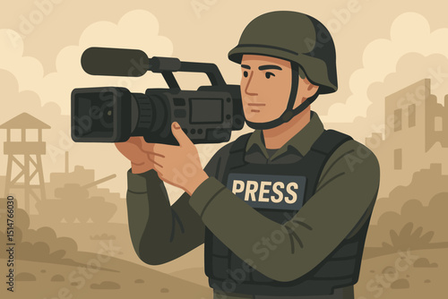 War correspondent filming conflict. Journalist in helmet and vest with camera. Military press reporter on battlefield. News gathering in danger zone. Media documentation of crisis. Vector.