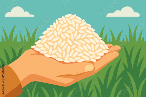 Hand holding pile of white rice grains illustration. Concept agriculture, farming, harvest, staple food, nourishment. Food security, donation, charity, abundance, sustainable farming vector.