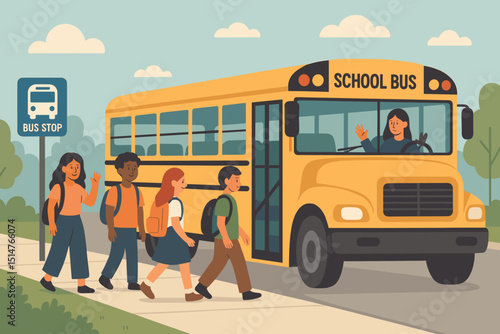 Diverse students boarding yellow school bus at bus stop. Children with backpacks, friendly female driver waving. Education, public transportation, daily commute, safety concept. Vector illustration.