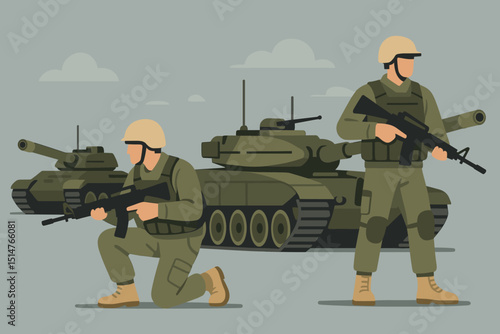 Modern warfare vector. Soldiers with rifles. Battle tanks. Army infantry troops. Military combat illustration. Armed forces in conflict. Defense concept. Flat design. War, security, battlefield.