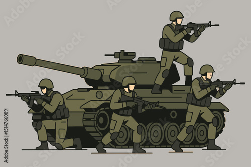 Modern warfare illustration of soldiers with rifles and a battle tank in combat. Army infantry team in action. Military conflict concept. Armed forces vector graphic for defense themes.