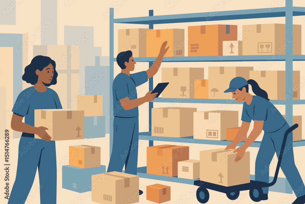 Warehouse team working efficiently, sorting packages and managing inventory. Logistics and distribution center concept with workers, boxes on shelves, and trolley. Supply chain operations. Warehouse team working efficiently, sorting packages and managing inventory. Logistics and distribution center concept with workers, boxes on shelves, and trolley. Supply chain operations.