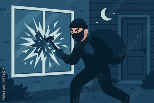 Thief breaking window with hammer at night, burglar committing crime. Home invasion, property security concept. Masked intruder with bag, illegal entry, housebreaking, robbery illustration.
