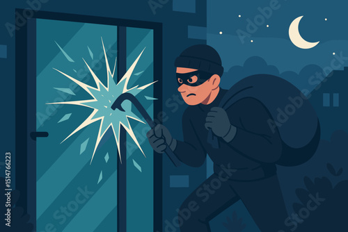 Nighttime burglar breaking window with crowbar. Thief character committing house robbery, illegal entry. Home invasion, property crime, security threat. Cartoon vector illustration.