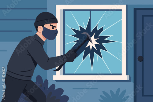 Thief breaking window with crowbar. Burglar intruder committing crime. Home invasion concept. Property security, vandalism, and illegal entry. Residential house robbery illustration.