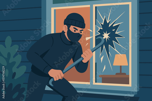 Thief breaking into house illustration. Burglar with crowbar smashing window at night. Home invasion, property crime concept. Residential security breach. Criminal activity, robber, intruder.