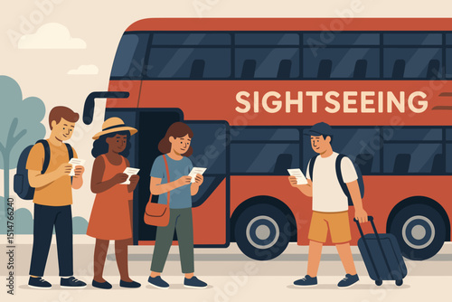 Diverse group of tourists, men and women with luggage, checking tickets for a red double-decker sightseeing bus. Urban adventure, travel, vacation, and tourism concept illustration.