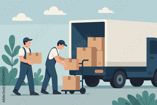 Goods delivery preparation with movers loading cardboard boxes onto truck. Logistics and shipping service concept. Professional workers with packages and hand truck for relocation. Vector.