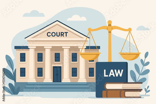 Courthouse building facade with law book and justice scales illustration. Legal system, government, judgment concept. Flat vector for law firm, attorney, court case, legal advice, justice.