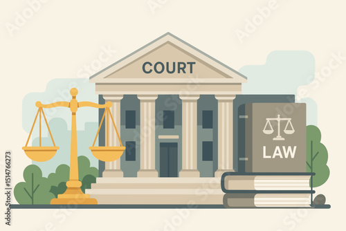 Law justice court building vector. Legal courthouse concept. Scales of justice, law books. Government authority, rights. Judgment, order, legislation illustration. Legal system. Supreme court symbol.