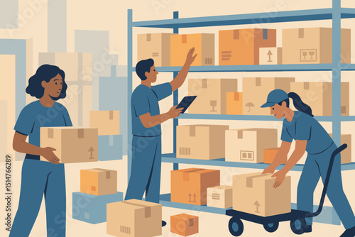 Warehouse team working efficiently, sorting packages and managing inventory. Logistics and distribution center concept with workers, boxes on shelves, and trolley. Supply chain operations.