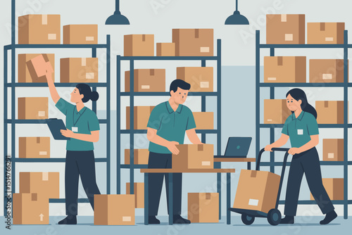 Warehouse logistics team sorting packages. Workers manage inventory, pack boxes for shipping. Supply chain distribution, e-commerce fulfillment center. People working with cargo, goods.