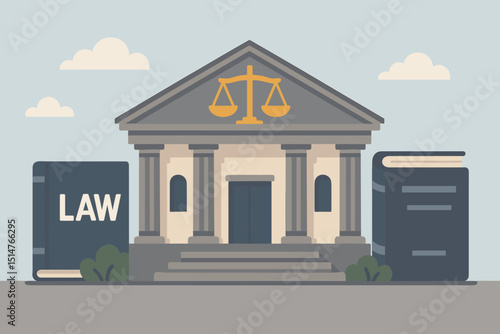 Courthouse building with scales of justice symbol and law books. Legal system, government building, justice concept vector illustration. Law firm, attorney, legal education, legislation graphic.