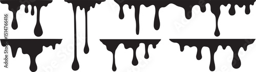 Black bold sun dripping paint, black ink drips and splatters, dripping stain vector set, vector design elements. Hand drawn set round pattern line art vector element