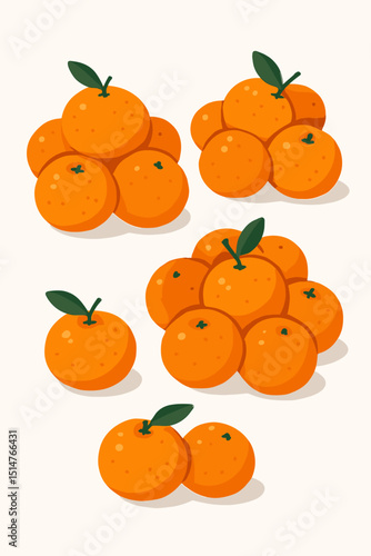 Collection of ripe orange, tangerine, clementine citrus fruits. Vector graphic illustration set showcasing fresh, juicy, healthy, sweet, organic produce with leaves. Food and nutrition design.
