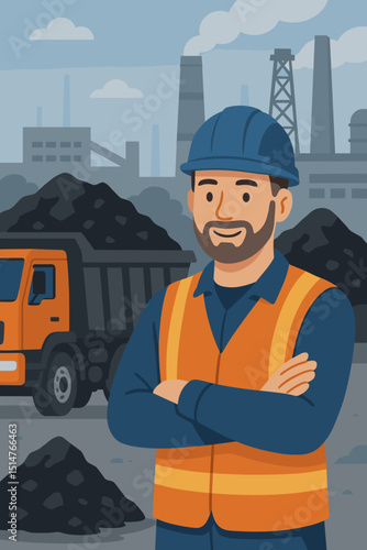Coal mining industry worker vector illustration. Male truck driver or engineer in safety helmet. Heavy equipment operator at industrial site with dump truck. Fossil fuel energy resource concept.