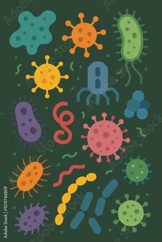 Colorful microbe bacteria virus germ microorganism set. Biology science medical illustration. Cartoon pathogen infection disease icons. Vector flat design germs collection for education health.