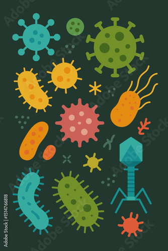 Microscopic world vector art: A colorful collection of bacteria, viruses, germs, and bacteriophage illustrations. Ideal for science, education, biology, medicine, and health awareness.