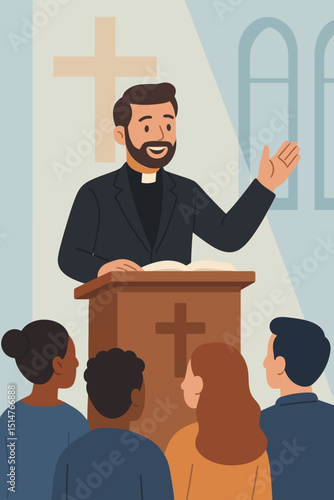 Pastor preaching from podium at modern church. Minister delivering sermon with Bible to diverse congregation. Christian religious service, spiritual community, faith worship, gospel teaching vector.